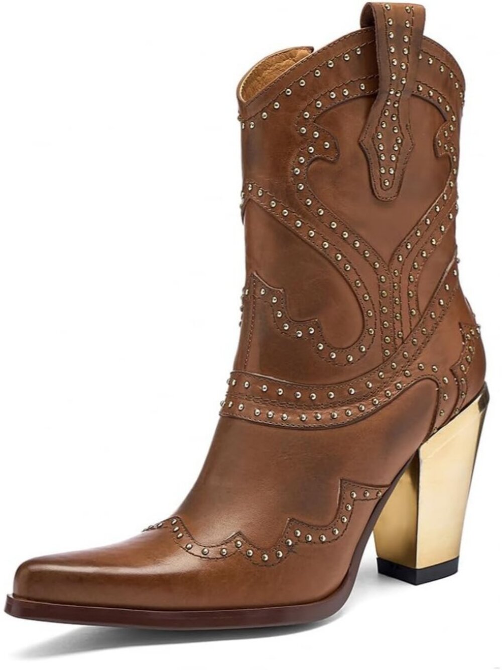 Women's Brown Leather Rivet Cowboy Boots Pointed Toe Chunky Gold Heel Boots